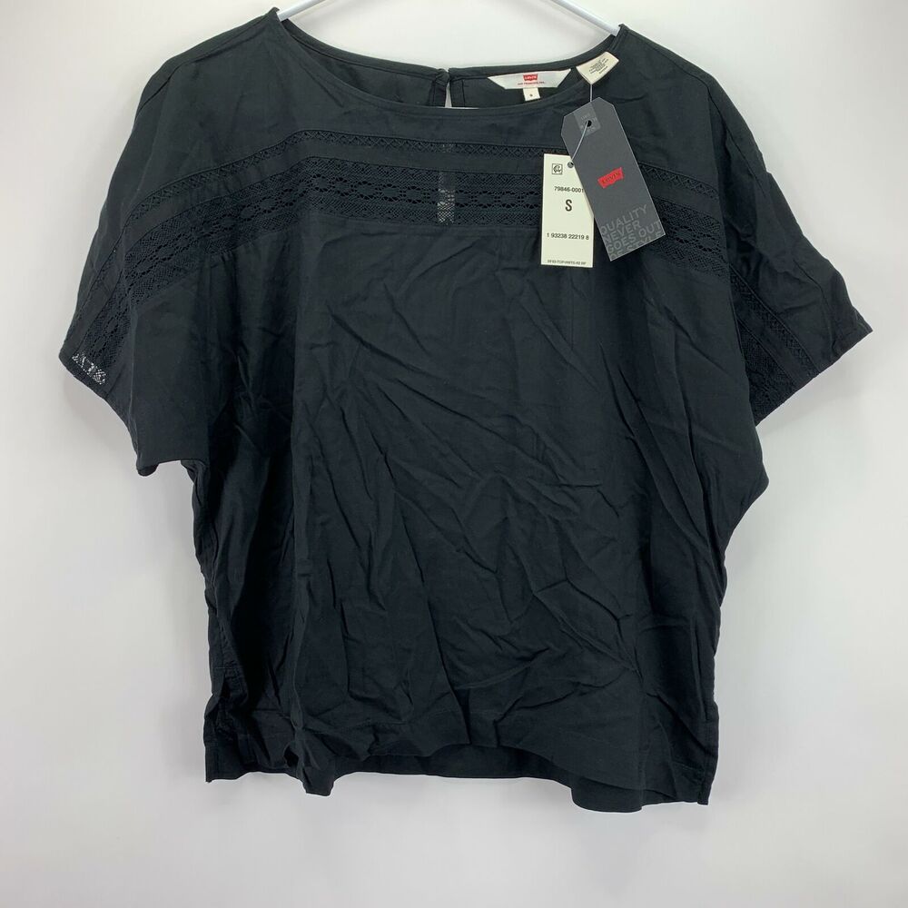 Levi's Womens Noe Lace-Contrast Viscose Short Sleeve Top Black S